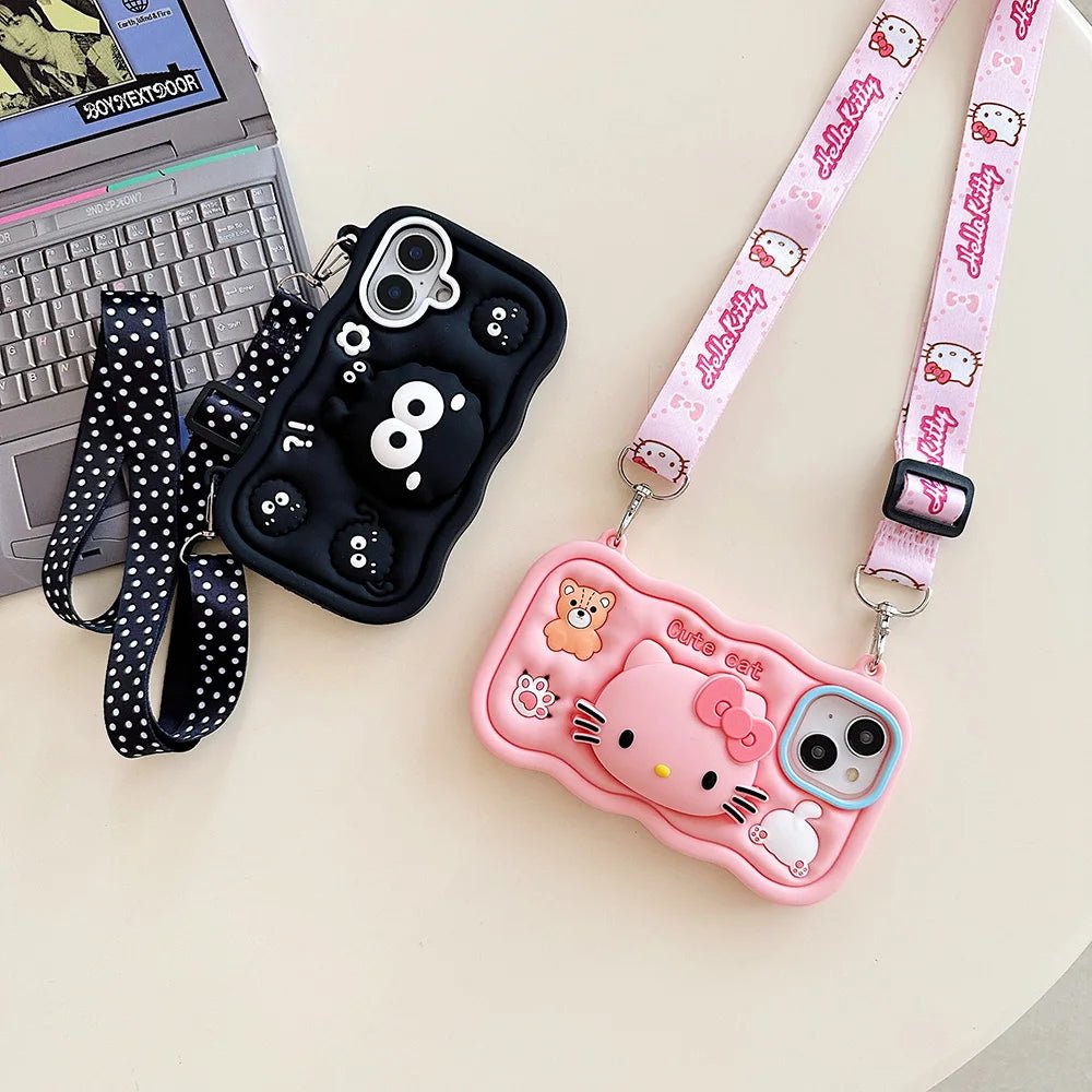 Kawaii 3D Hello Kitty & Kuromi Soft Silicone iPhone Case with Stand Holder & Lanyard - AKM CASE｜iPhone Case & Accesories Worldwide
