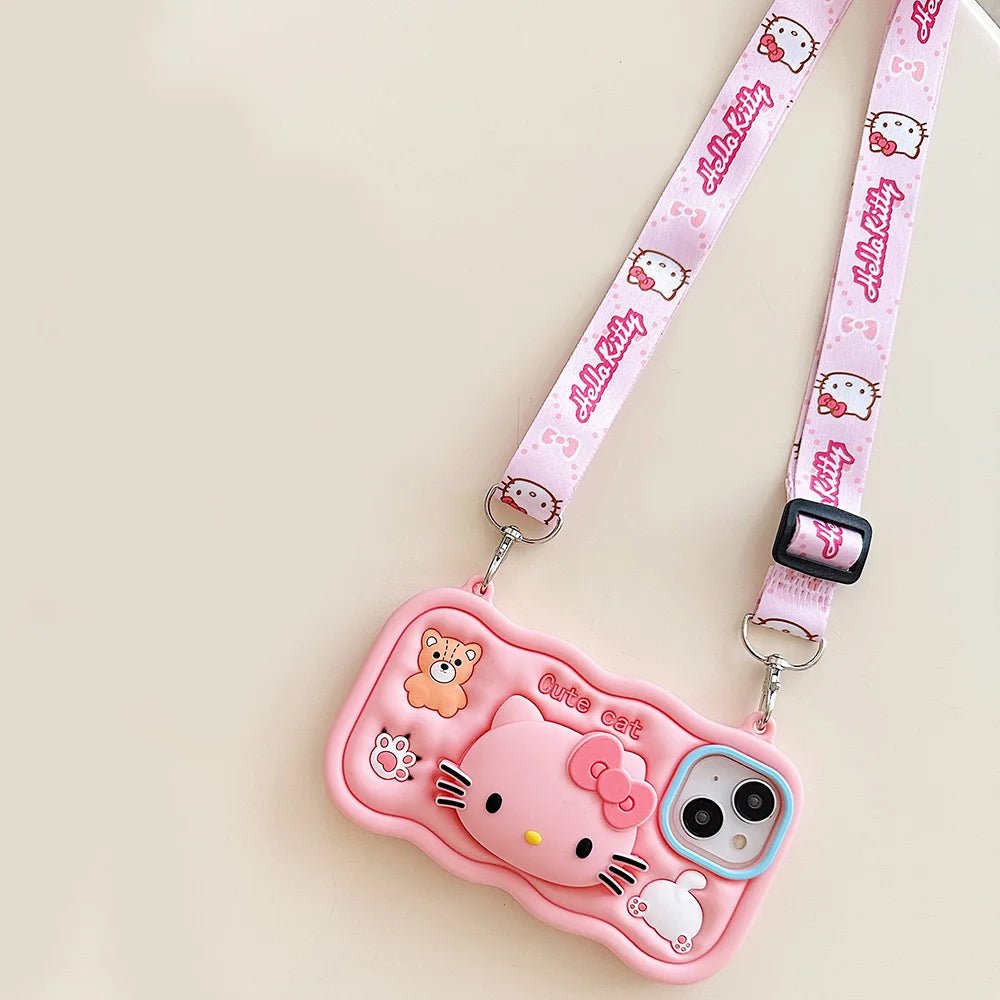 Kawaii 3D Hello Kitty & Kuromi Soft Silicone iPhone Case with Stand Holder & Lanyard - AKM CASE｜iPhone Case & Accesories Worldwide