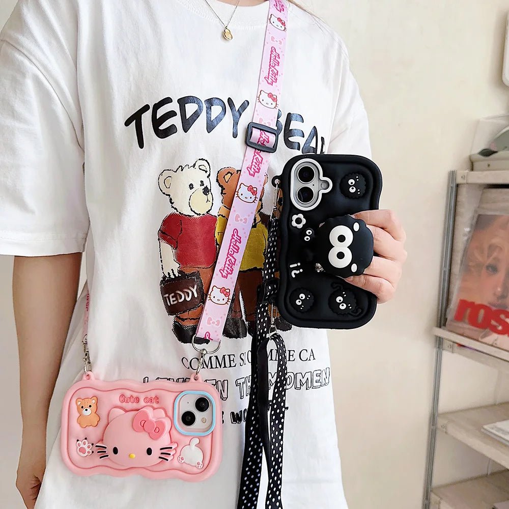 Kawaii 3D Hello Kitty & Kuromi Soft Silicone iPhone Case with Stand Holder & Lanyard - AKM CASE｜iPhone Case & Accesories Worldwide