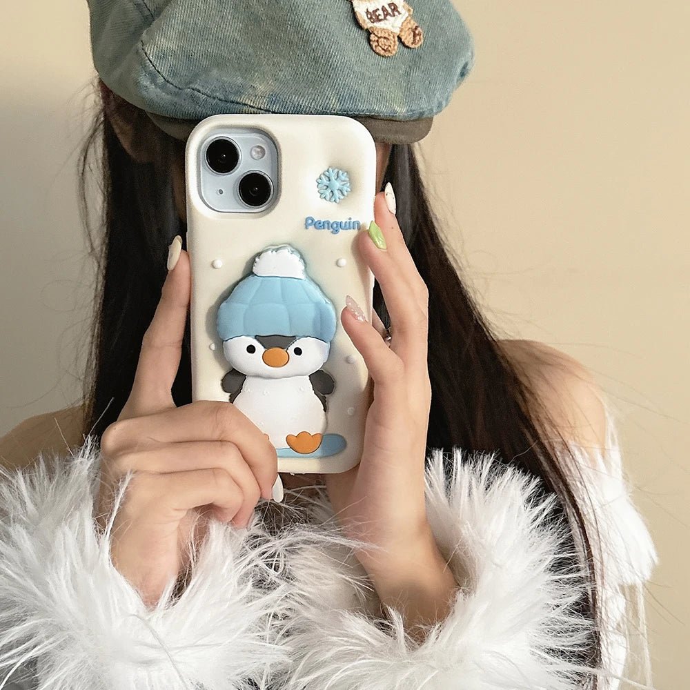 Kawaii Cartoon Penguin Coffee Biscuits Cover With Stand Holder Soft Silicone Case - AKM CASE｜iPhone Case & Accesories Worldwide