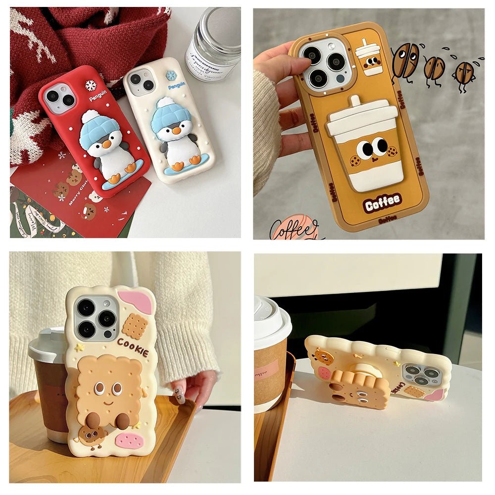 Kawaii Cartoon Penguin Coffee Biscuits Cover With Stand Holder Soft Silicone Case - AKM CASE｜iPhone Case & Accesories Worldwide