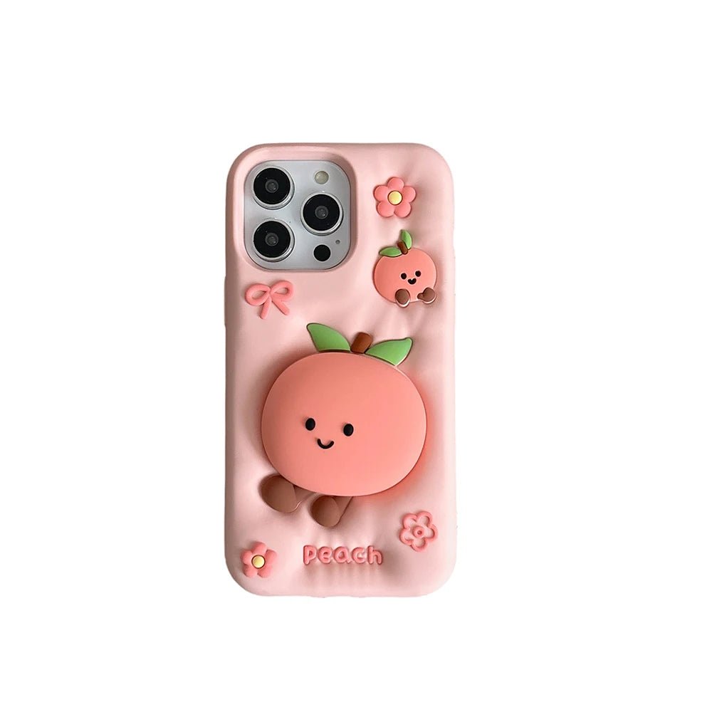 Kawaii Summer Fruit Floral Peach Bracket Soft Silicone Case with Stand Holder - AKM CASE｜iPhone Case & Accesories Worldwide