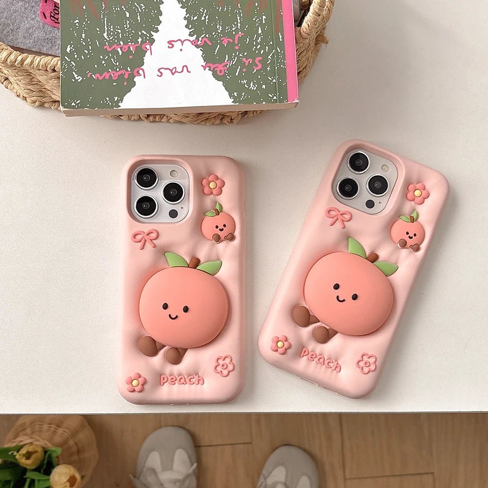 Kawaii Summer Fruit Floral Peach Bracket Soft Silicone Case with Stand Holder - AKM CASE｜iPhone Case & Accesories Worldwide