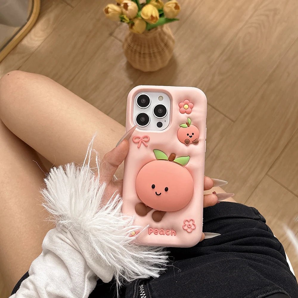 Kawaii Summer Fruit Floral Peach Bracket Soft Silicone Case with Stand Holder - AKM CASE｜iPhone Case & Accesories Worldwide