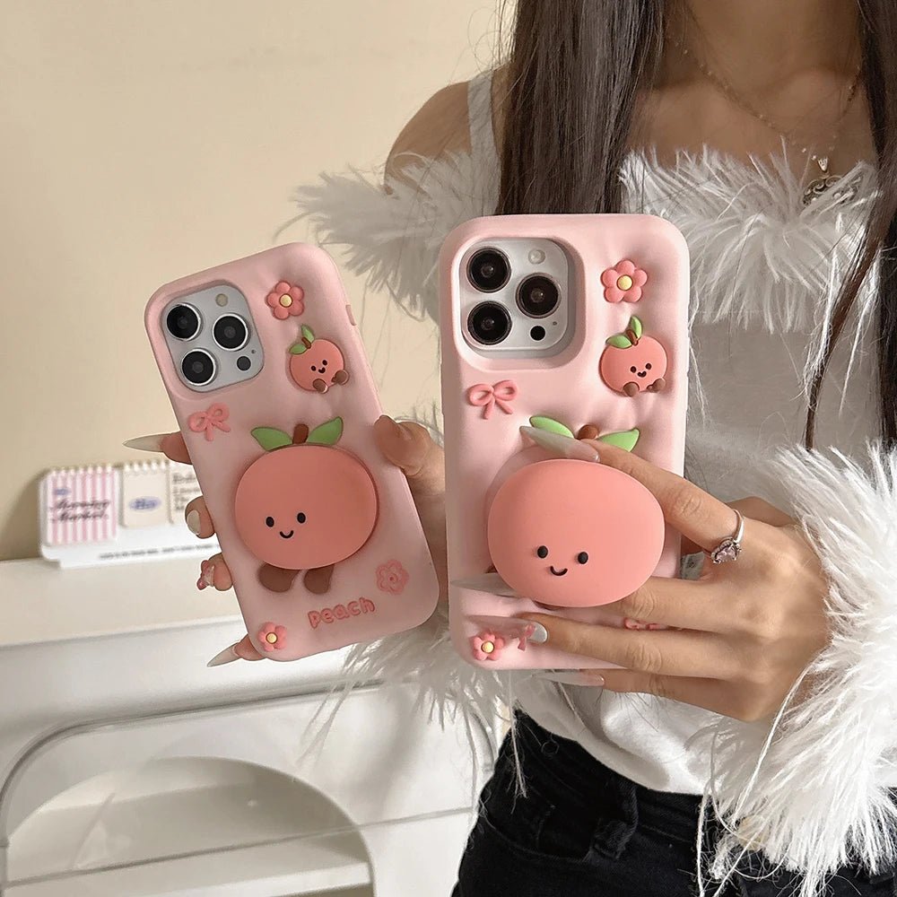 Kawaii Summer Fruit Floral Peach Bracket Soft Silicone Case with Stand Holder - AKM CASE｜iPhone Case & Accesories Worldwide