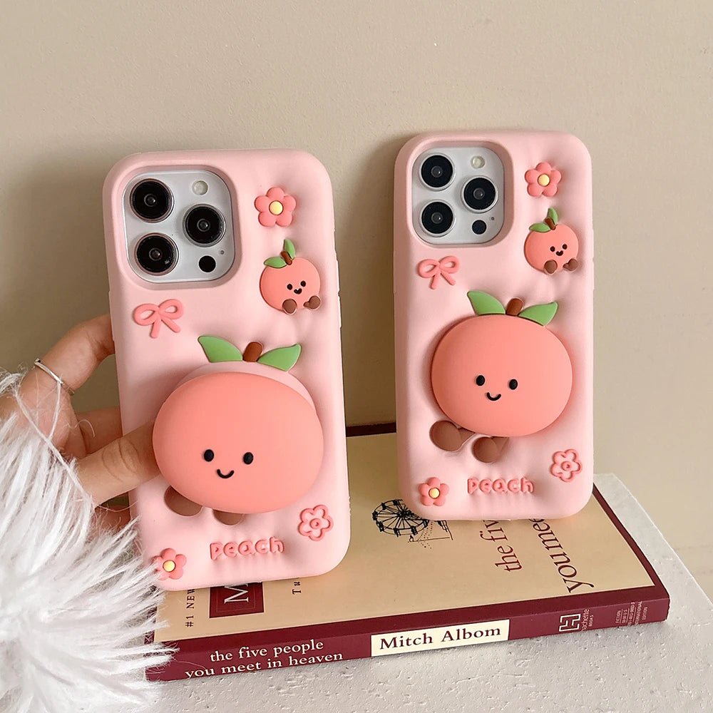 Kawaii Summer Fruit Floral Peach Bracket Soft Silicone Case with Stand Holder - AKM CASE｜iPhone Case & Accesories Worldwide