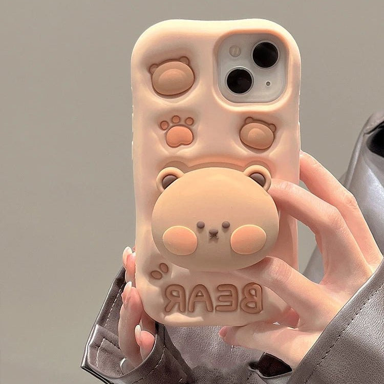 Lovely 3D Bear Hidden Holder Stand Silicone Phone Case Cute Girl Cover - AKM CASE｜iPhone Case & Accesories Worldwide