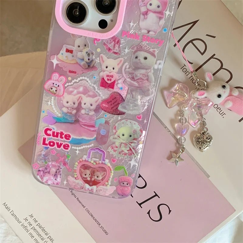Luxury Laser Rainbow Cute Cat Cartoon Phone Case for iPhone 12 - 16 Pro Max with Lanyard - MINISO - AKM CASE｜iPhone Case & Accesories Worldwide
