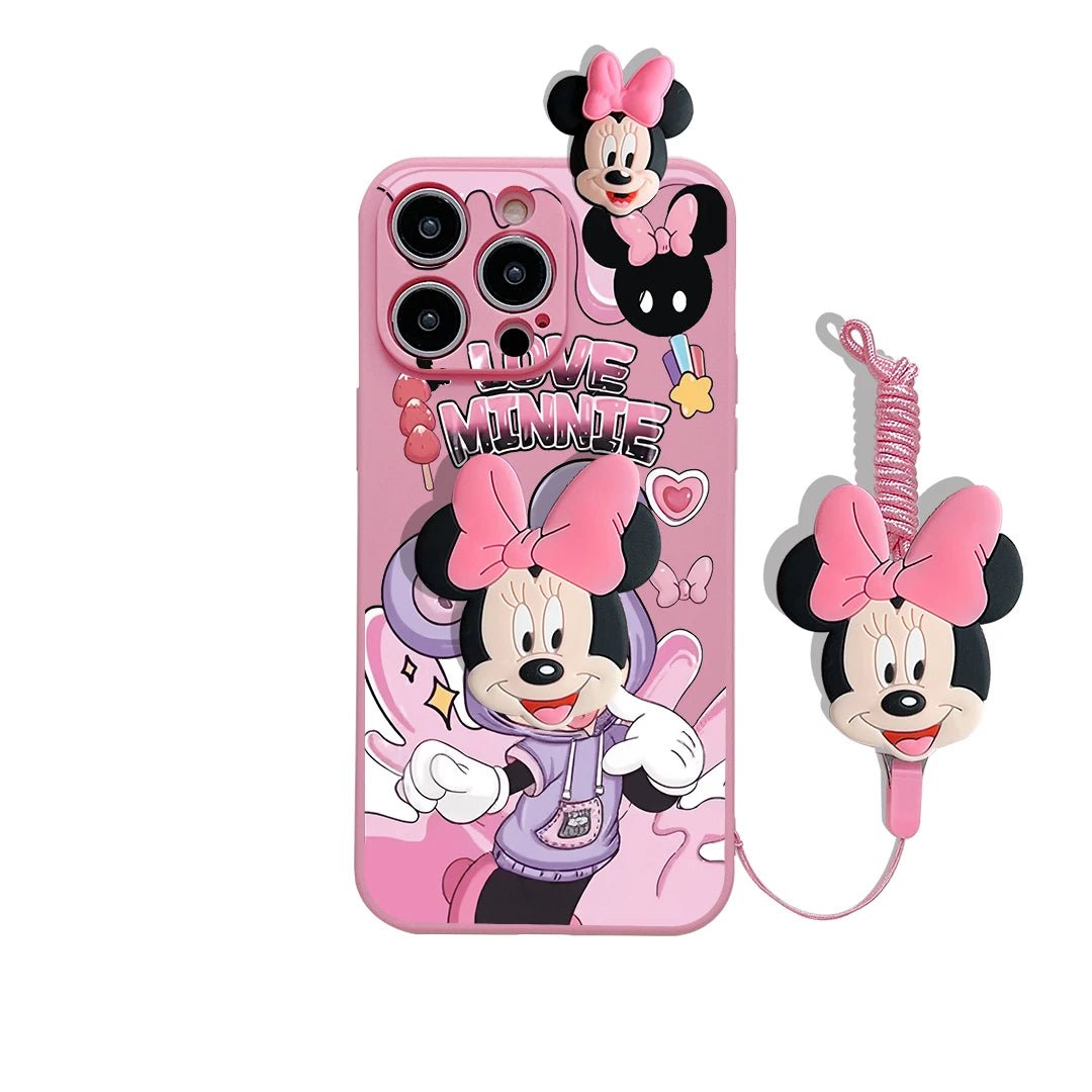 MINISO 3D Cartoon Mickey & Minnie Soft Silicone iPhone Case with Holder Rope - AKM CASE｜iPhone Case & Accesories Worldwide