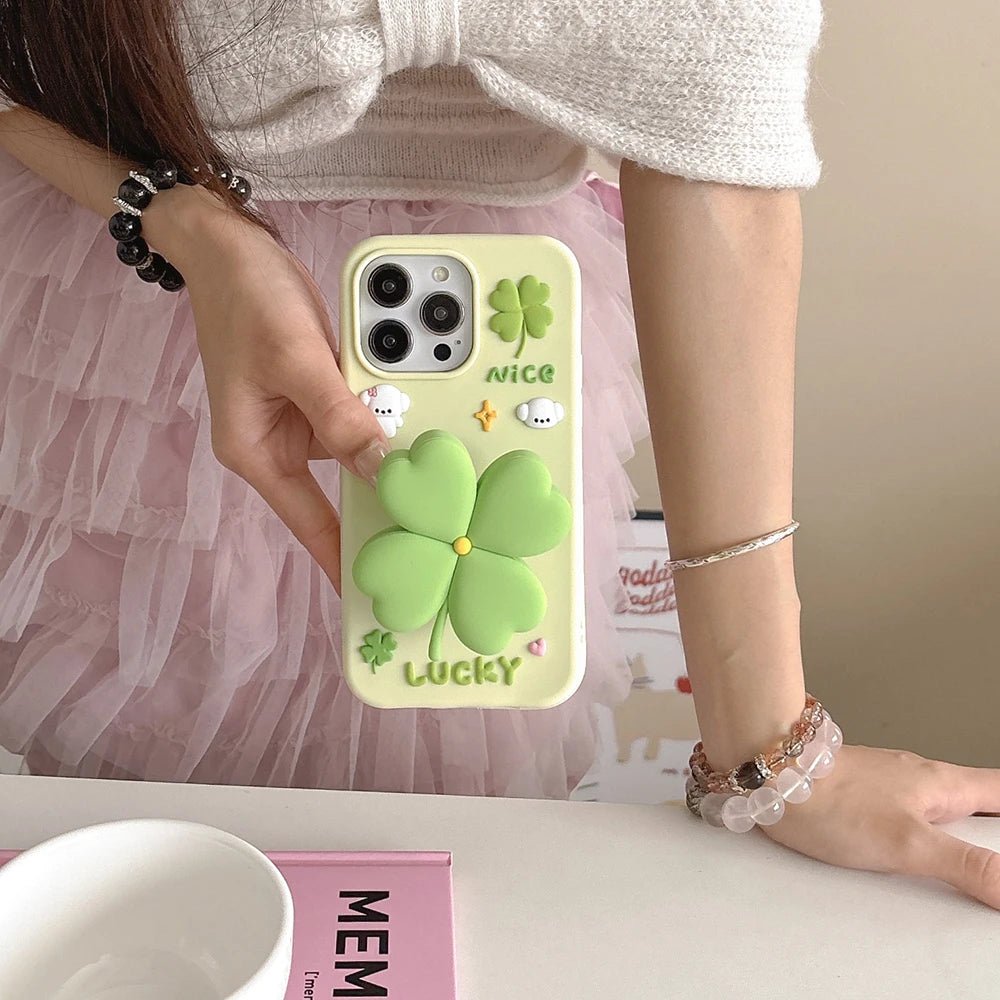 MINISO Cute 3D Four - leaf Clover Bracket Soft Silicone iPhone Case - AKM CASE｜iPhone Case & Accesories Worldwide